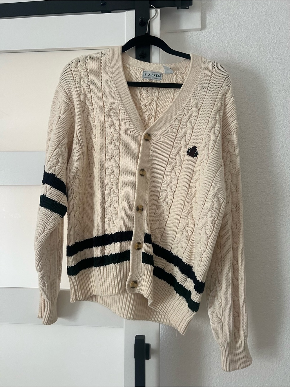VINTAGE Izod Cream Cable Knit Cardigan with Navy Stripe Accents